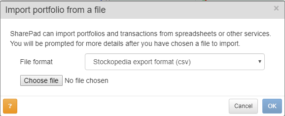 SharePad import portfolio menu