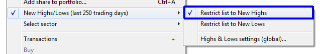 ShareScope: Restrict to New Highs context menu